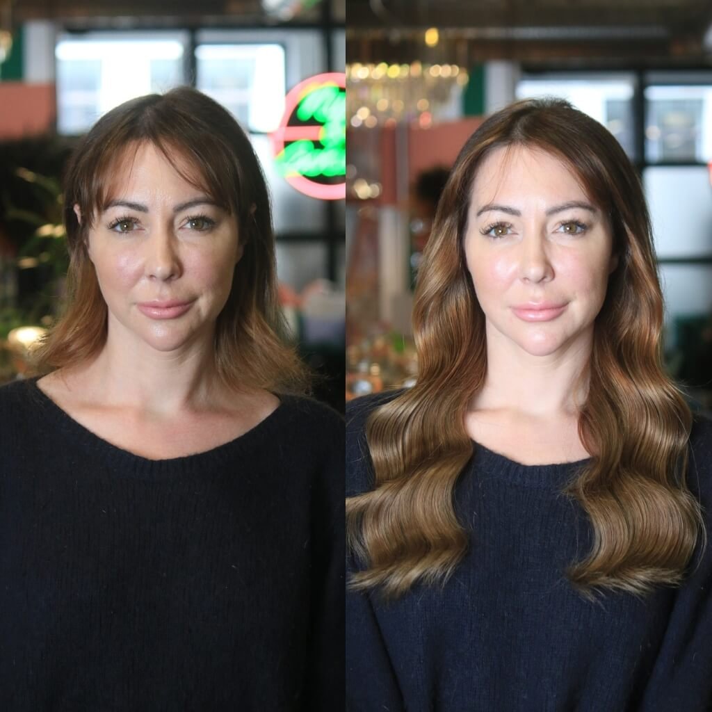 wavy brunette hair extensions before and after